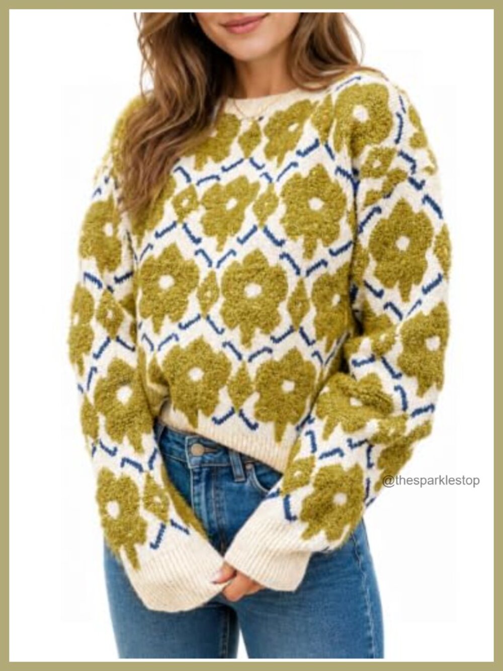 Oversized Floral Knit Sweater Crewneck Long Sleeve Pullover Fall Winter